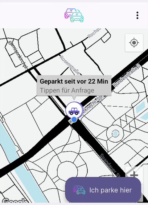 Karte mit geparktem Auto und der Frage "Wie lange noch?"